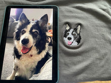 Load image into Gallery viewer, We use your own photo to embroider your pet on to a t-shirt. 
